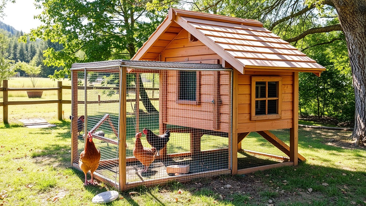 Coop interior with raised roosts and roof vents